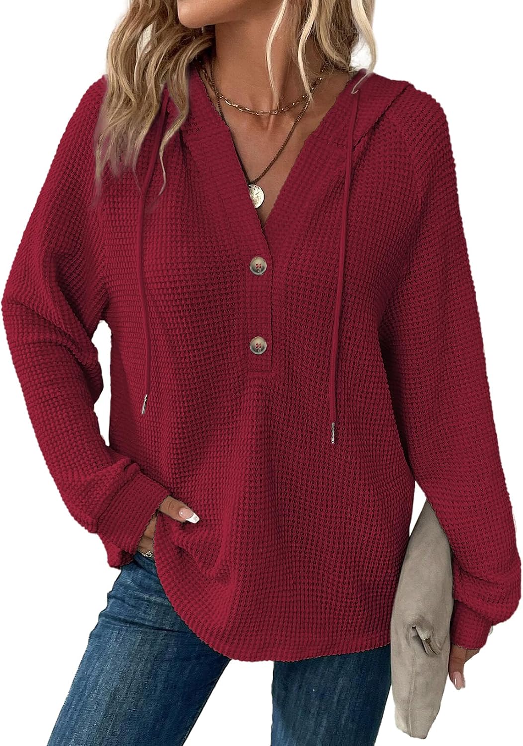 Orsolya Women's Waffle Knit Hoodie – V-Neckline, Button-Up Front & Loose Silhouette