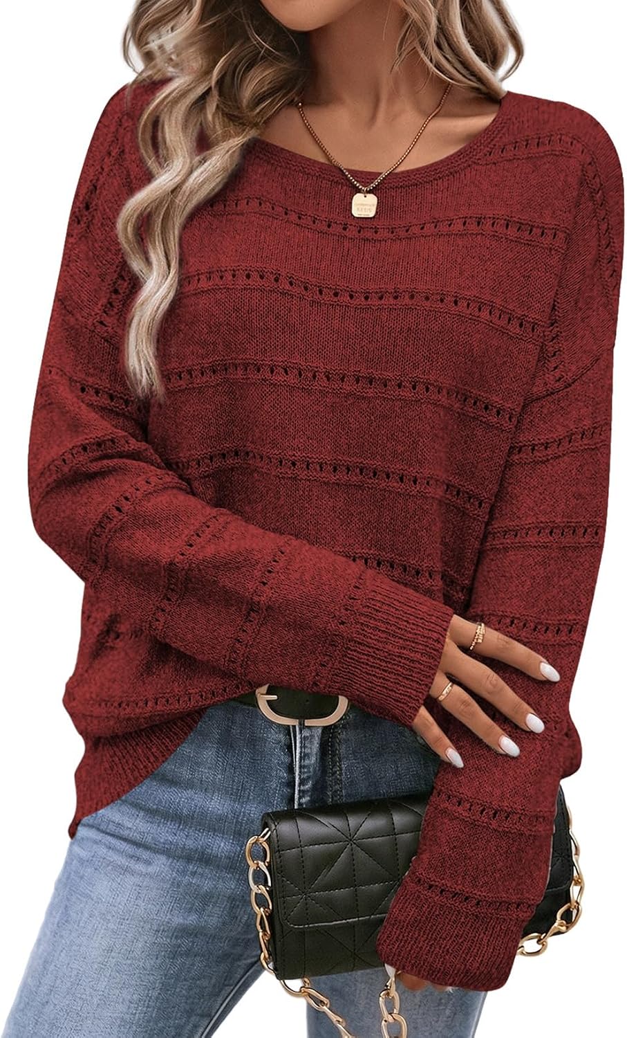 Farah Women's Hollow-Knit Sweater – Round Neckline, Dropped-Shoulder Design & Striped Texture