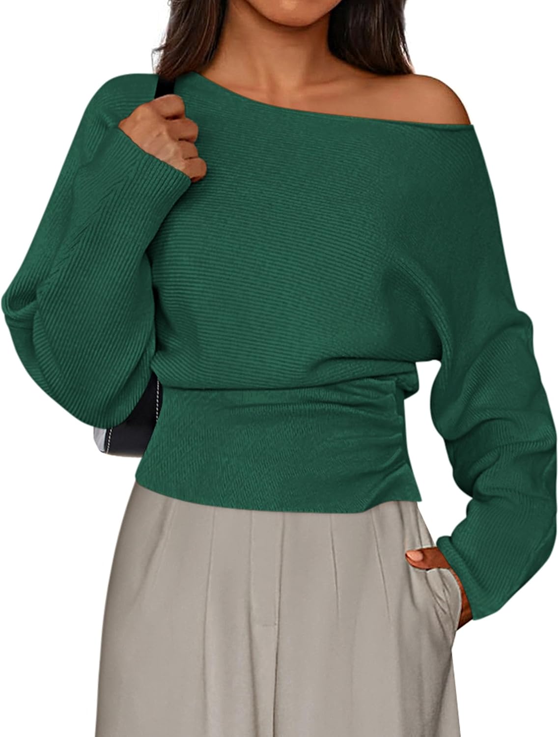 Dresden Women's Off-Shoulder Sweater – Ribbed Knit Fabric, Full-Length Sleeves & Fitted Waist