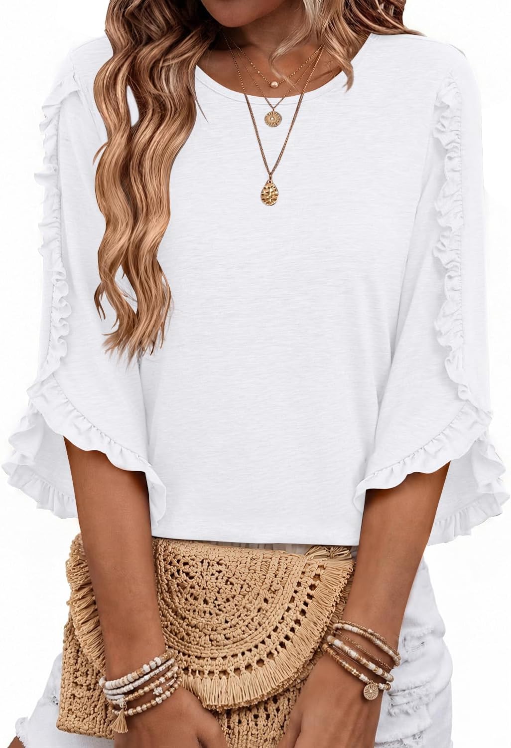 Adalgisa Women's Ruffle Trim Top – Crewneck, 3/4 Sleeves & Easy Fit