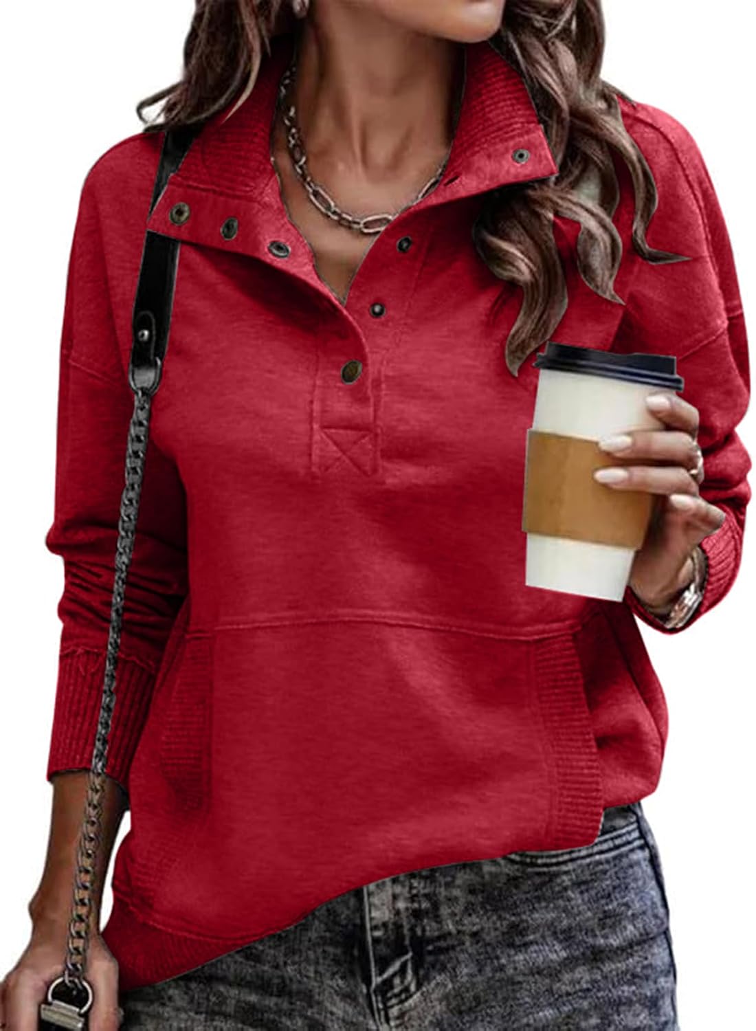 Faolan Women's Henley Sweatshirt – V-Neckline, Ribbed Texture & Easy Fit