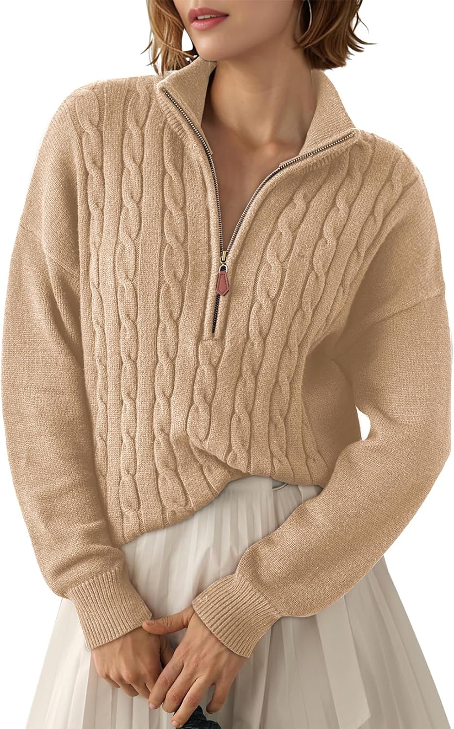 Eowyn Women's Ribbed Quarter-Zip Sweater – V-Neckline, Dropped-Shoulder Design & Comfortable Fit