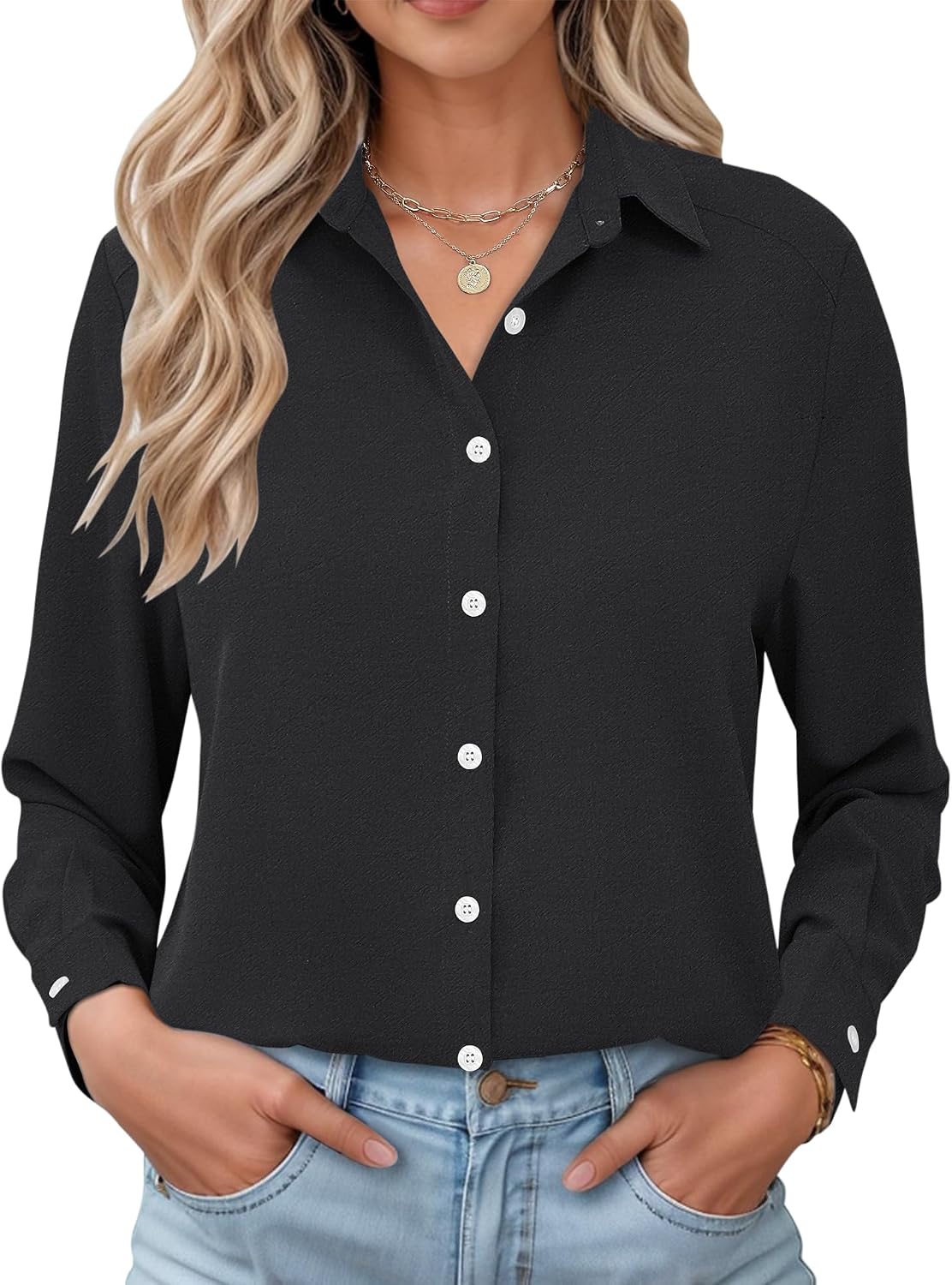 Xerxine Women's Gingham Shirt – Button-Up Front, Turn-Down Collar & Roll-Up Sleeves