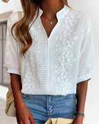 Kester Women's Blouse – V-Neckline Top with Puff Sleeves, Cotton-Blend Fabric & Patchwork Accents
