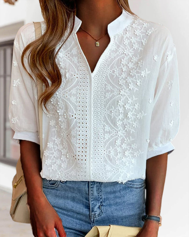 Kester Women's Blouse – V-Neckline Top with Puff Sleeves, Cotton-Blend Fabric & Patchwork Accents