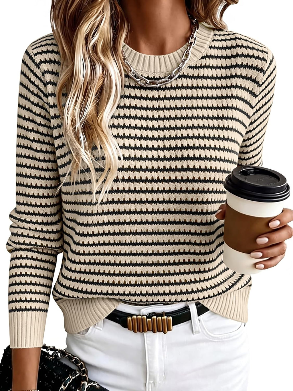 Cecilia Women's Striped Knit Sweater – Crew Neck Lightweight Long Sleeve Pullover