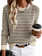 Cecilia Women's Striped Knit Sweater – Crew Neck Lightweight Long Sleeve Pullover