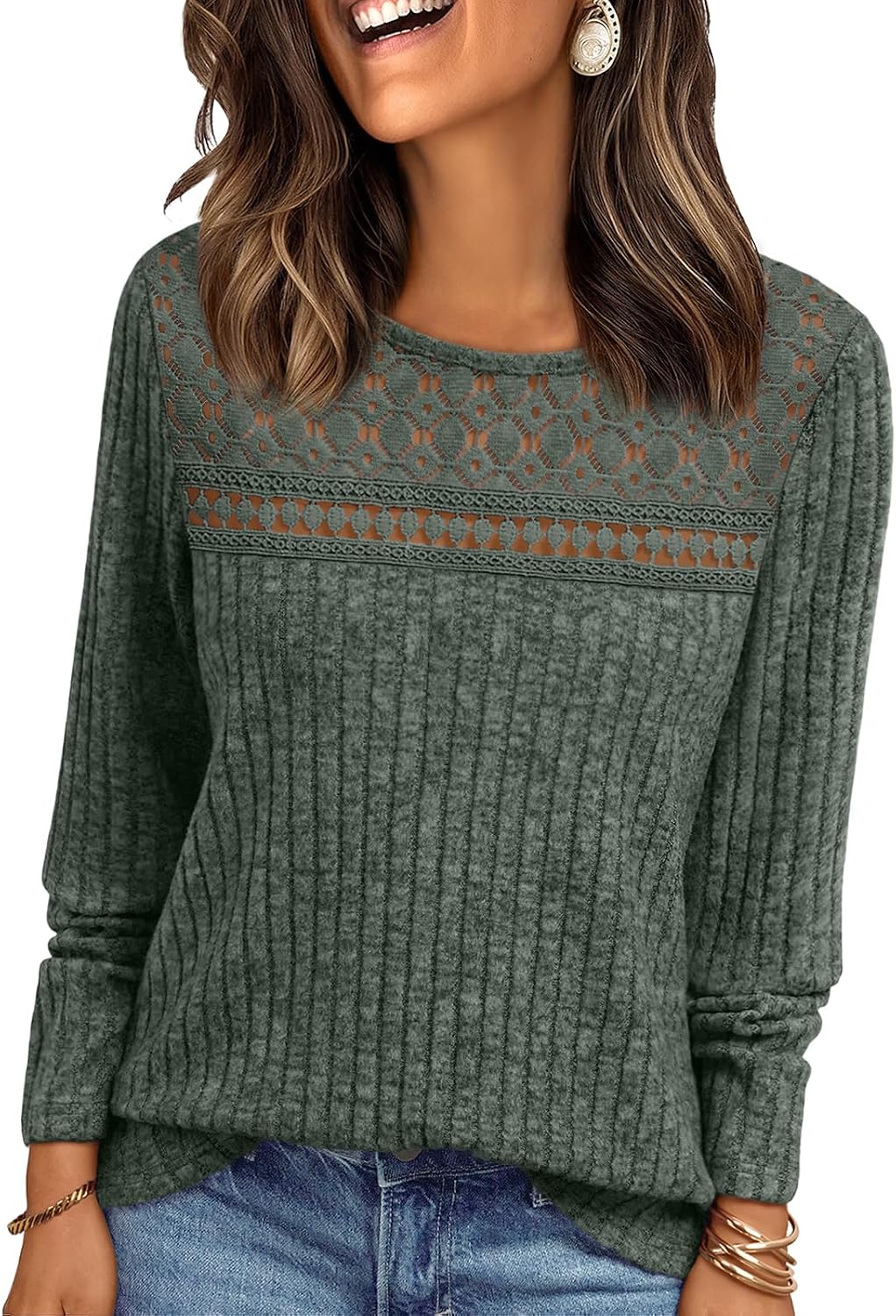 Ulrike Women's Lace Ribbed Top – Crewneck, Full-Length Sleeves & Fitted Silhouette