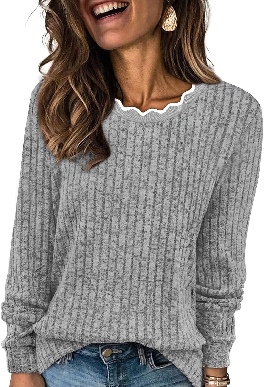 Nectaria Women's Scallop Neck Sweater – Full-Length Sleeves, Easy Fit & Plush Knit