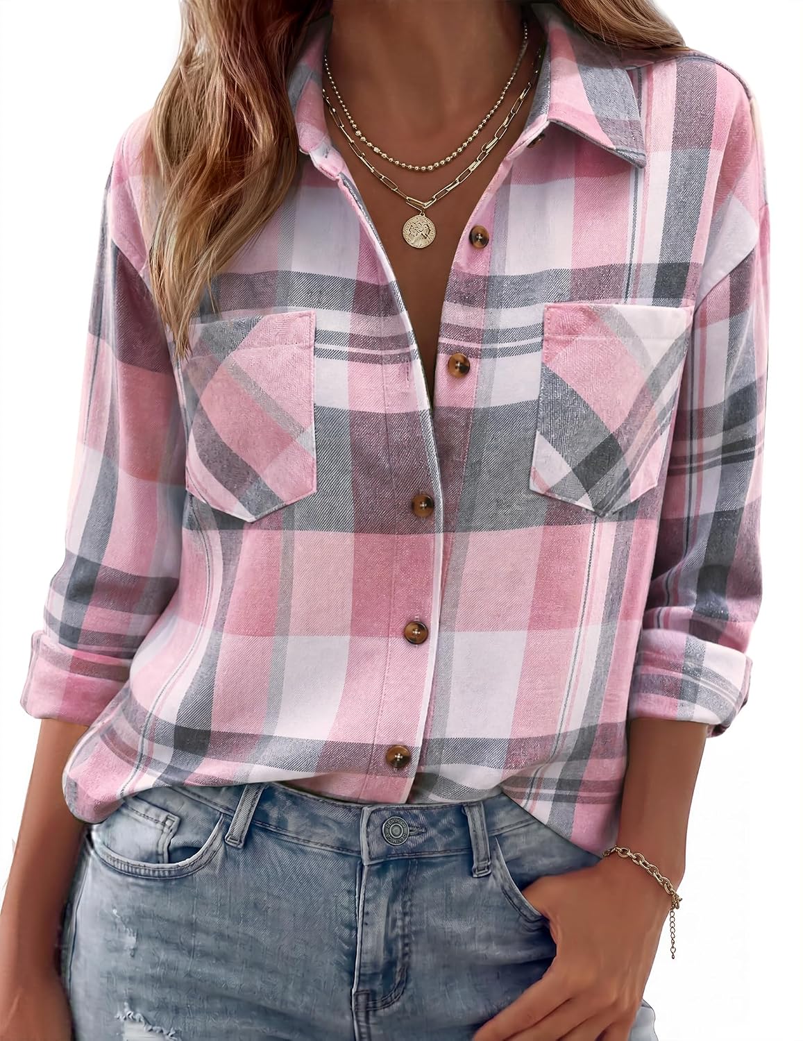 Grishilde Women's Plaid Flannel Shirt – Loose Silhouette, Front Chest Pockets & Button-Up Front
