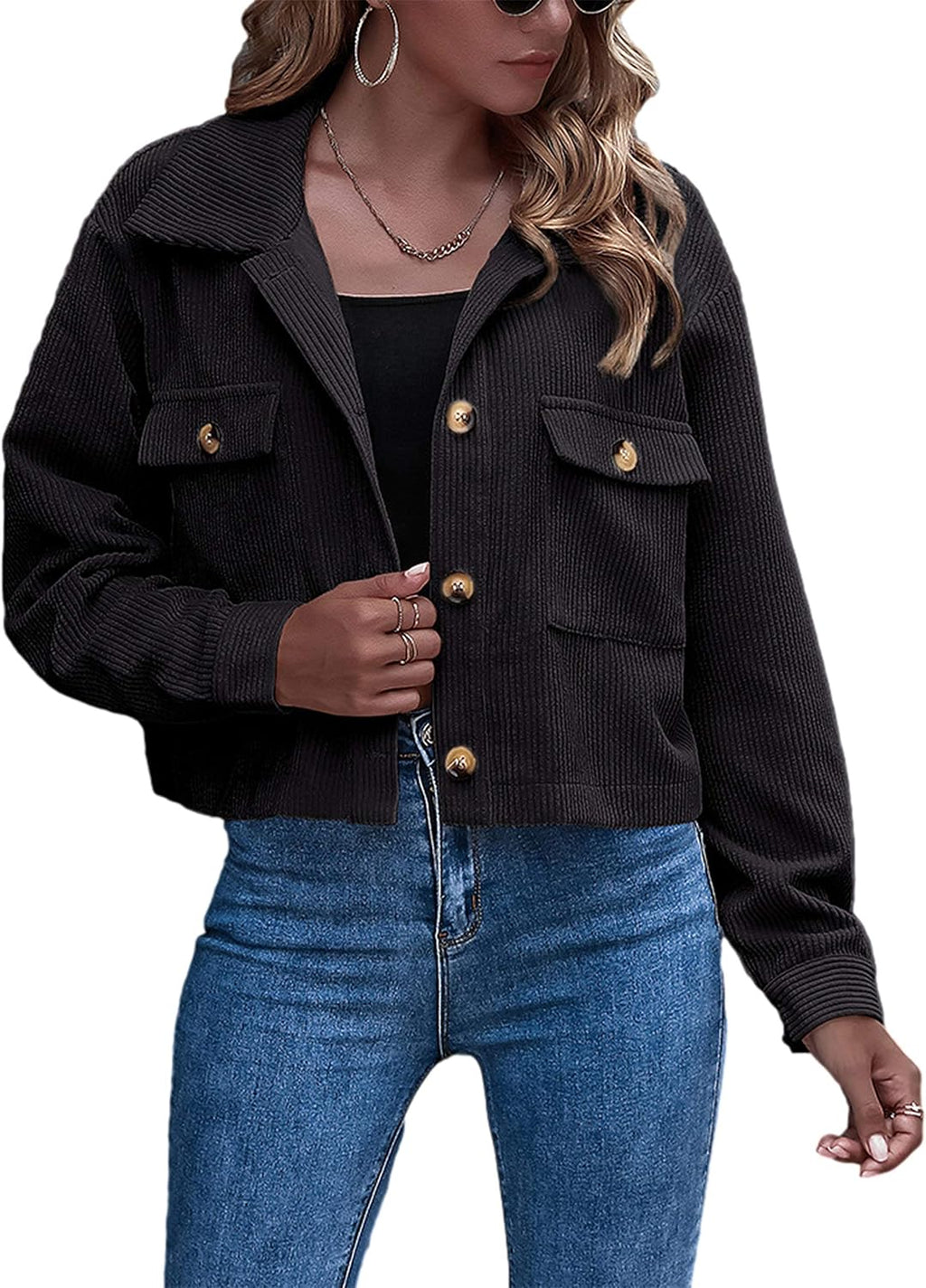 Tabitha Women's Corduroy Jacket – Cropped Button-Up Shacket with Flap Pockets