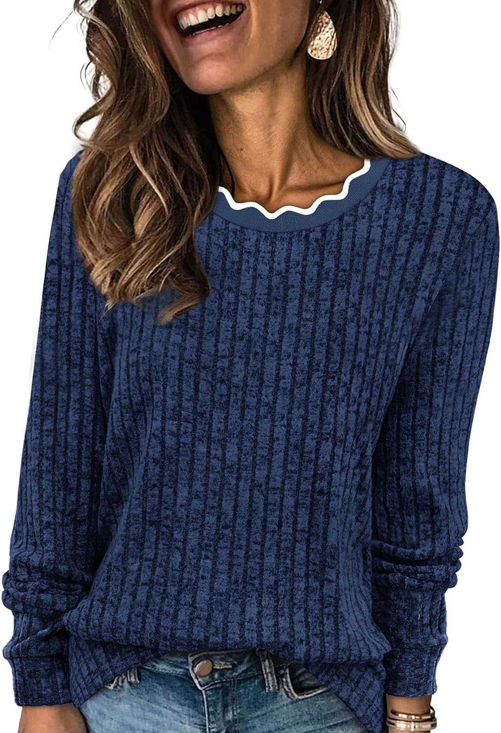 Nectaria Women's Scallop Neck Sweater – Full-Length Sleeves, Easy Fit & Plush Knit