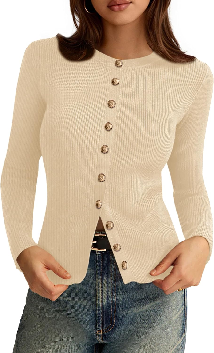 Constantina Women's Ribbed Cardigan – Crewneck, Button-Up Front & Fitted Silhouette
