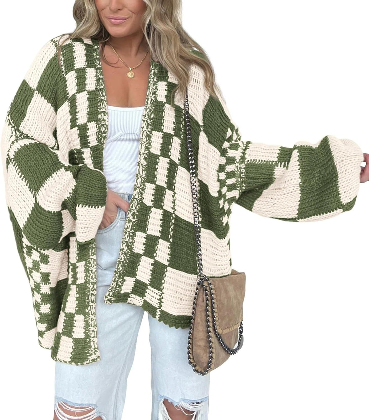 Hjalmar Women's Checkered Knit Cardigan – Open-Front Design, V-Neckline & Comfortable Fit
