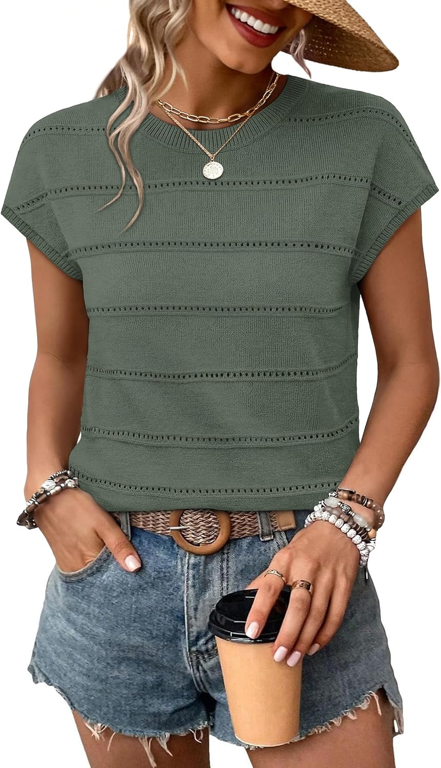 Paloma Women's Eyelet Knit Top – Scoop Neck, Cap Sleeves & Openwork Stripe Detail