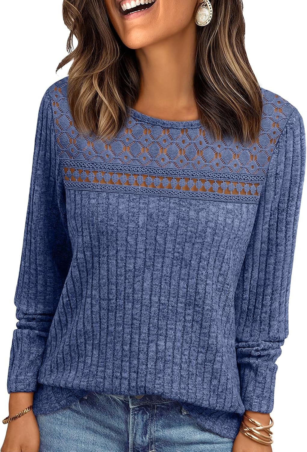 Ulrike Women's Lace Ribbed Top – Crewneck, Full-Length Sleeves & Fitted Silhouette