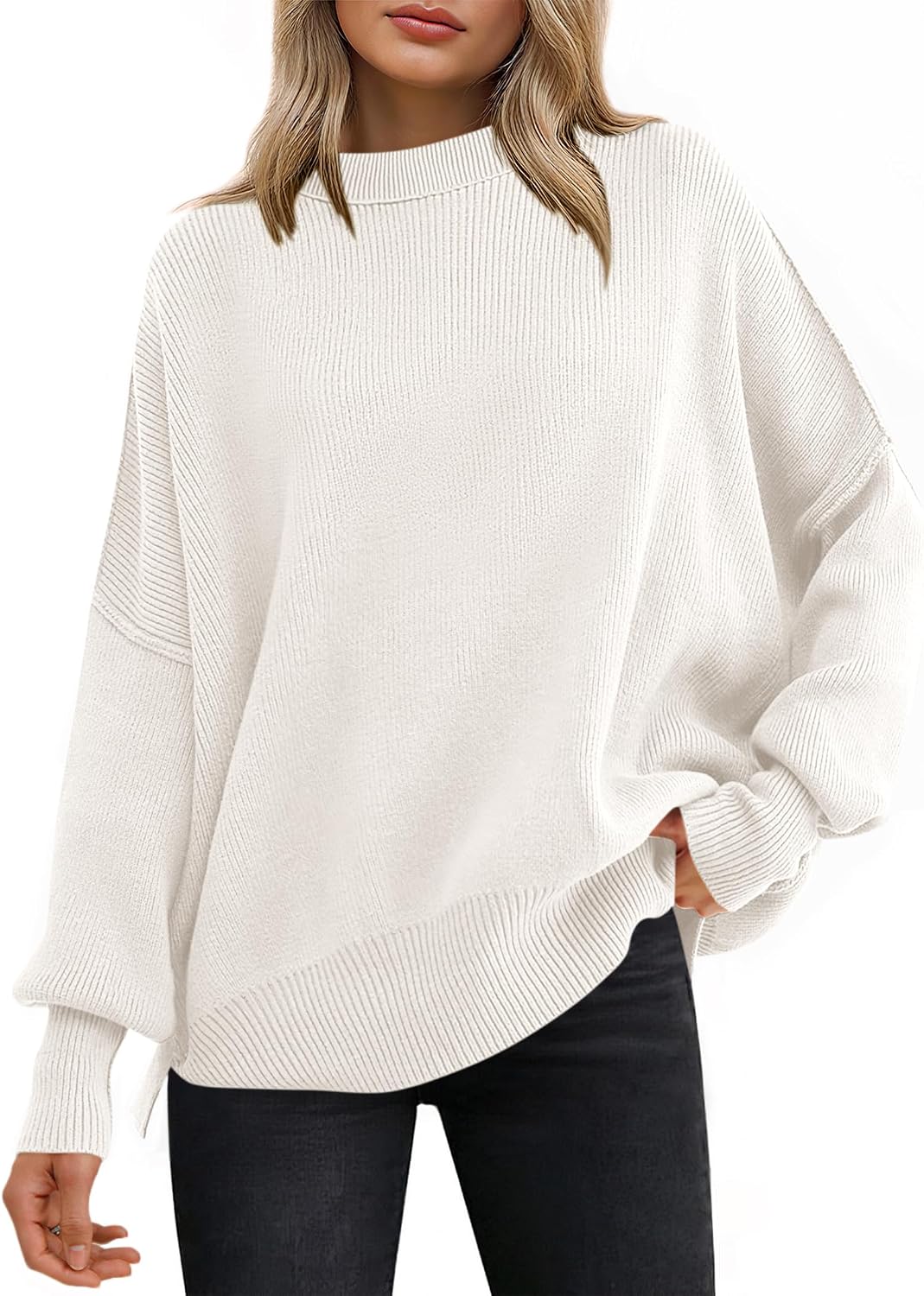 Kirstyn Women's Ribbed Batwing Sweater – Round Neckline, Side Slits & Easy Fit