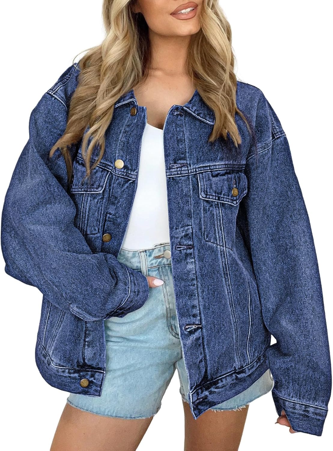 Mireio Women's Distressed Denim Jacket – Roomy Fit, Front Chest Pockets & Dropped-Shoulder Design