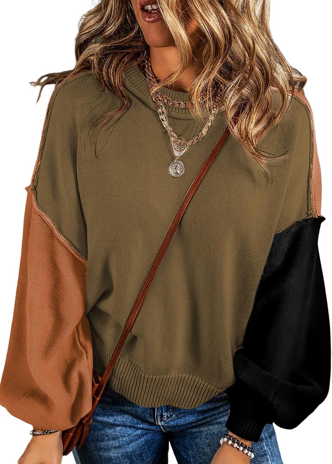 Orabelle Women's Colourblock Sweater – Bishop Sleeves, Round Neckline & Cotton Knit