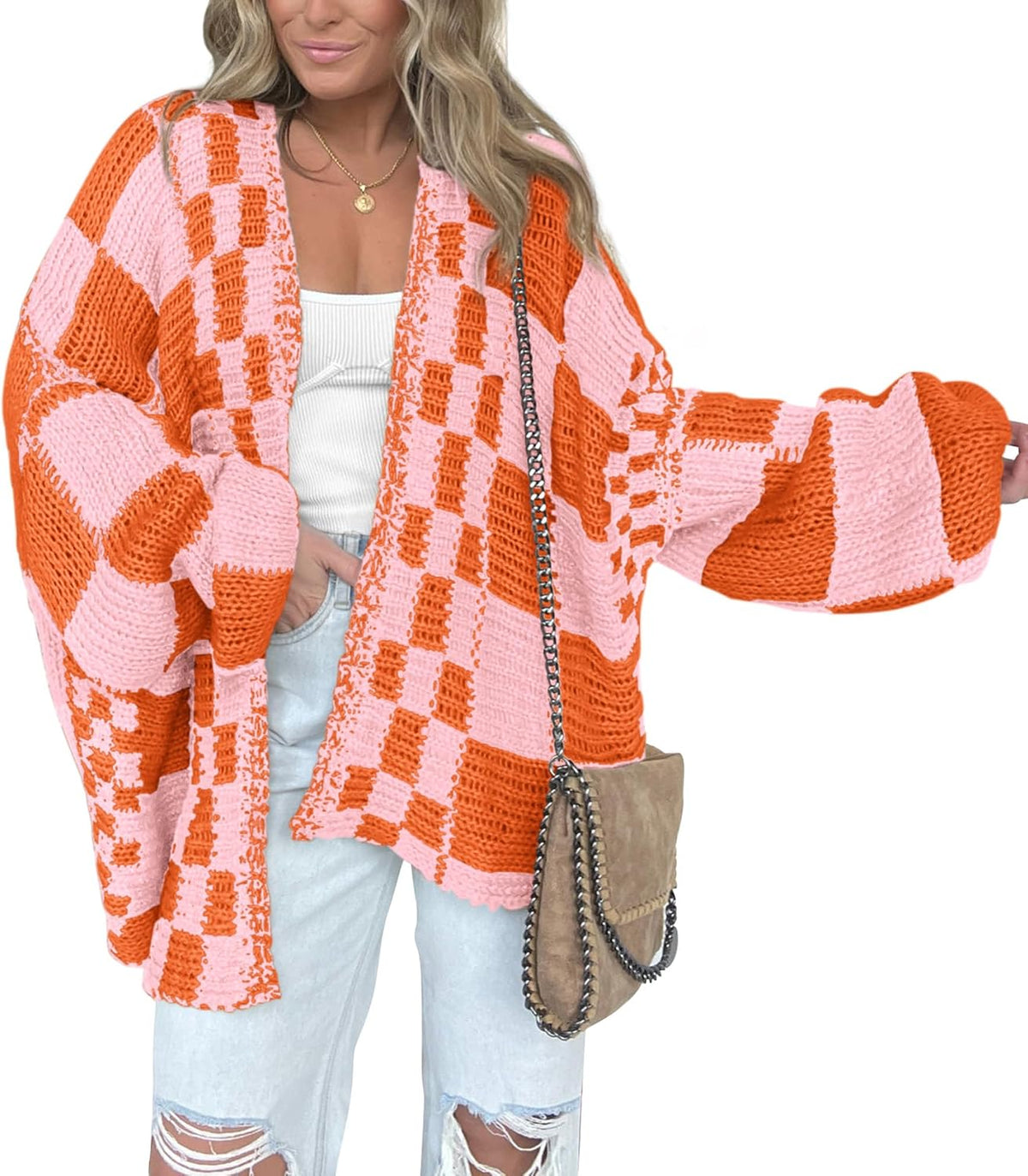 Hjalmar Women's Checkered Knit Cardigan – Open-Front Design, V-Neckline & Comfortable Fit
