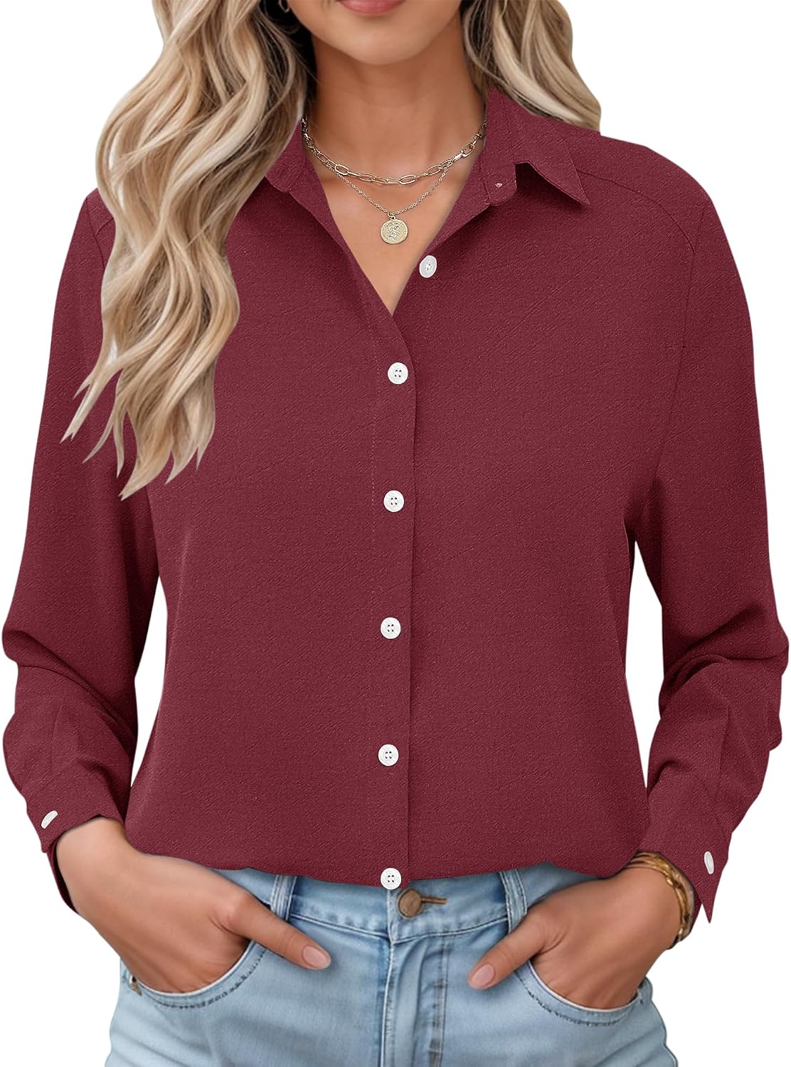Xerxine Women's Gingham Shirt – Button-Up Front, Turn-Down Collar & Roll-Up Sleeves