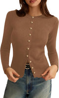 Constantina Women's Ribbed Cardigan – Crewneck, Button-Up Front & Fitted Silhouette