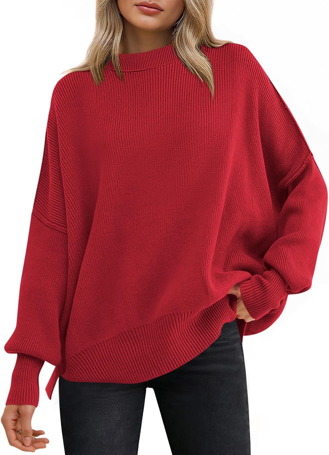 Kirstyn Women's Ribbed Batwing Sweater – Round Neckline, Side Slits & Easy Fit