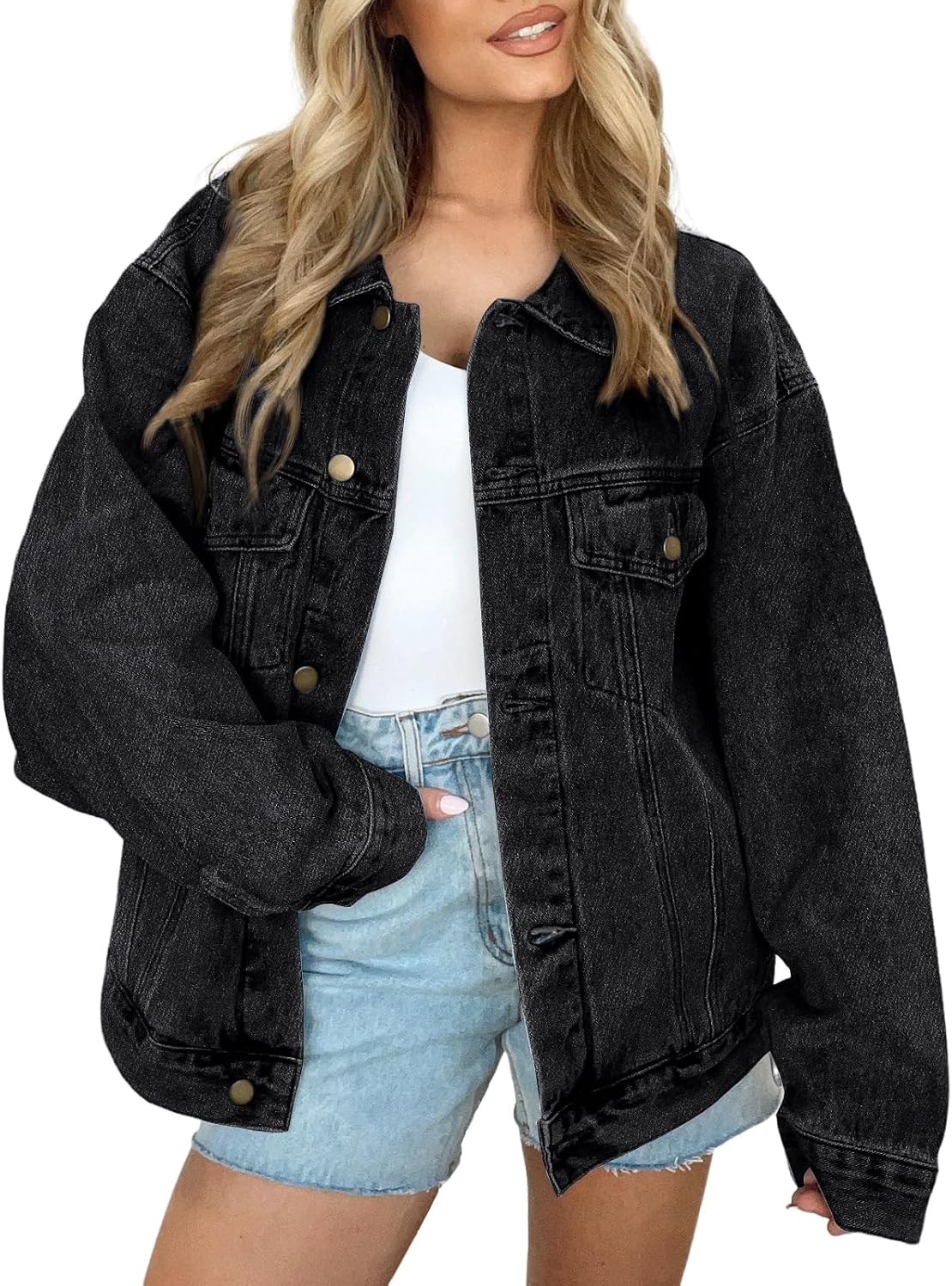 Mireio Women's Distressed Denim Jacket – Roomy Fit, Front Chest Pockets & Dropped-Shoulder Design