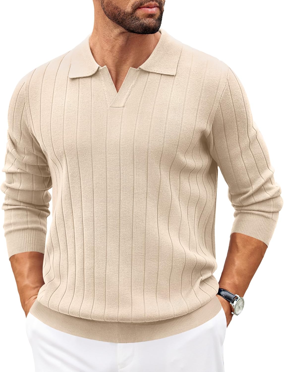 Quendolyn Men's Knit Polo Sweater – V-Neckline Collar, Wide Stripe Texture & Ribbed Detailing