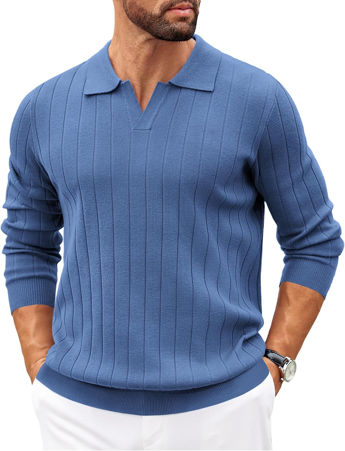Quendolyn Men's Knit Polo Sweater – V-Neckline Collar, Wide Stripe Texture & Ribbed Detailing