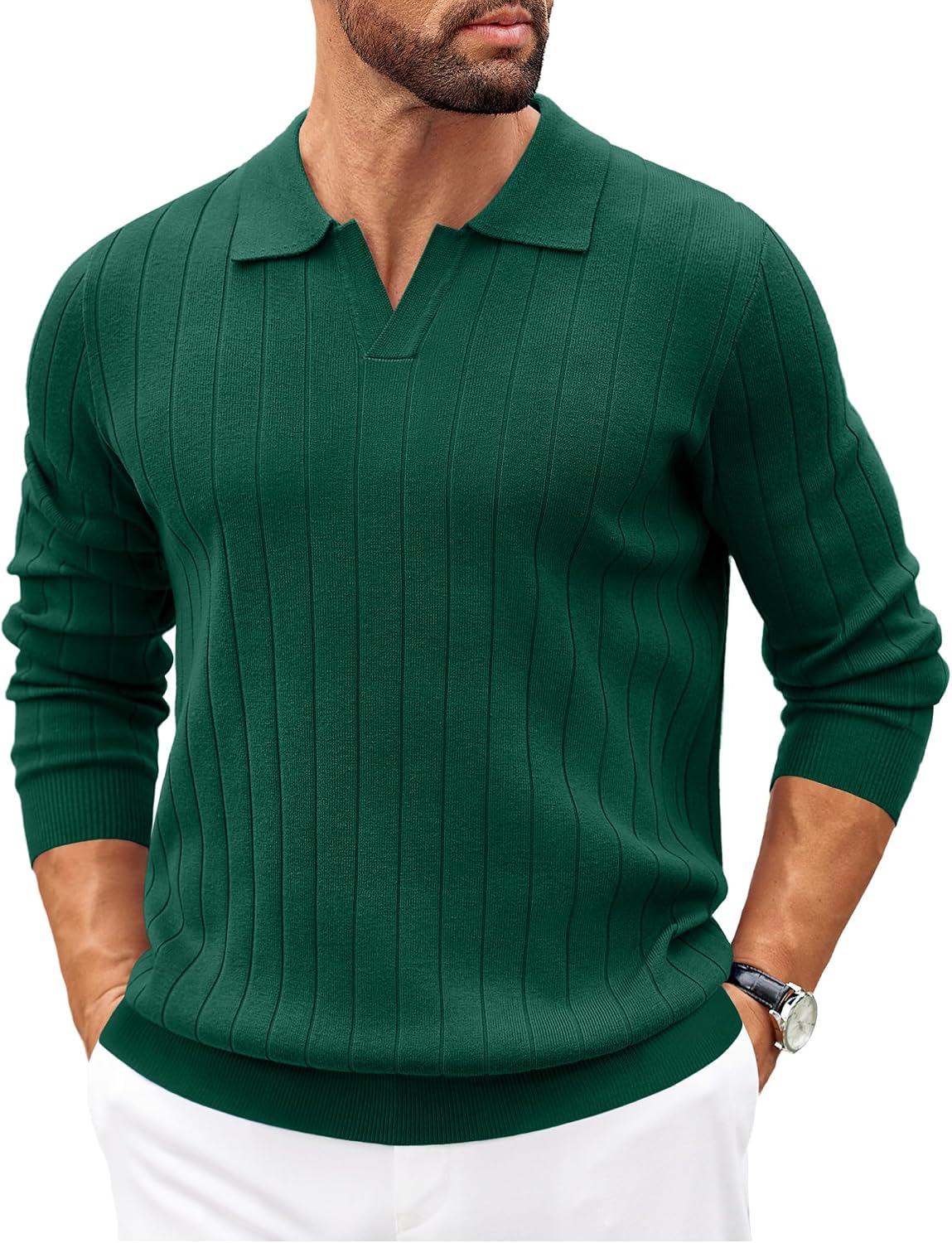 Quendolyn Men's Knit Polo Sweater – V-Neckline Collar, Wide Stripe Texture & Ribbed Detailing