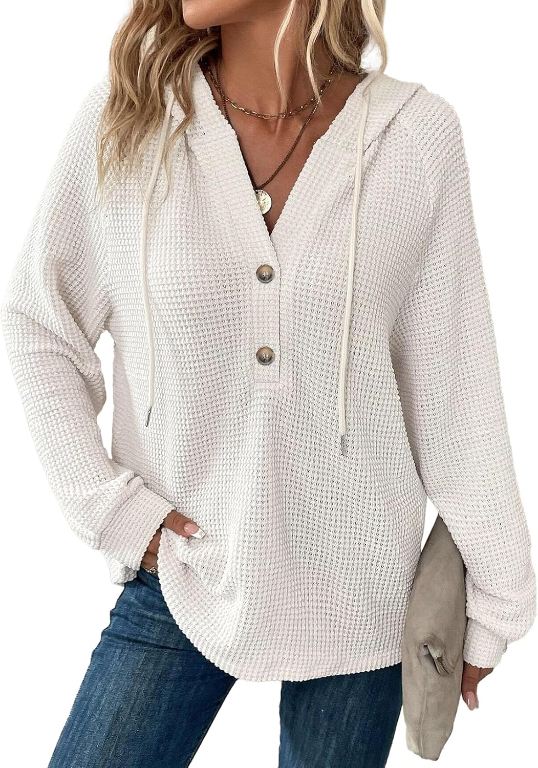 Orsolya Women's Waffle Knit Hoodie – V-Neckline, Button-Up Front & Loose Silhouette