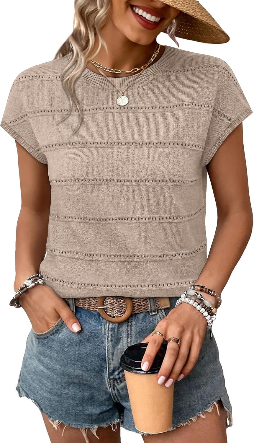 Paloma Women's Eyelet Knit Top – Scoop Neck, Cap Sleeves & Openwork Stripe Detail