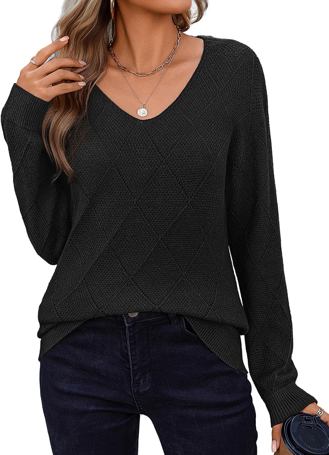 Jaspar Women's Crochet Knit Sweater – V-Neckline, Full-Length Sleeves & Relaxed Relaxed Silhouette