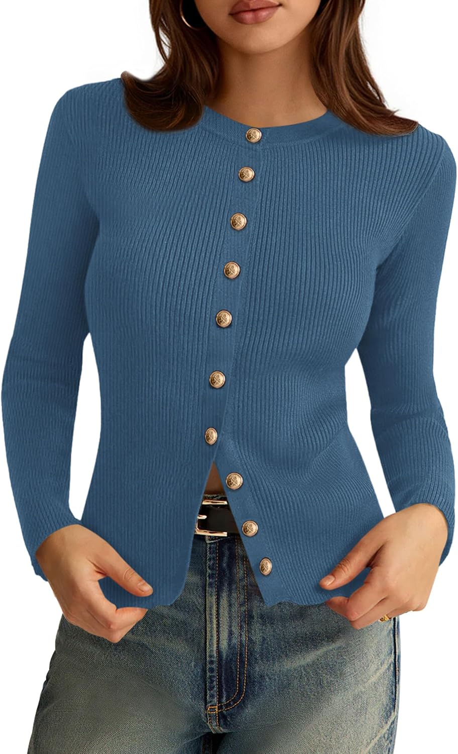 Constantina Women's Ribbed Cardigan – Crewneck, Button-Up Front & Fitted Silhouette