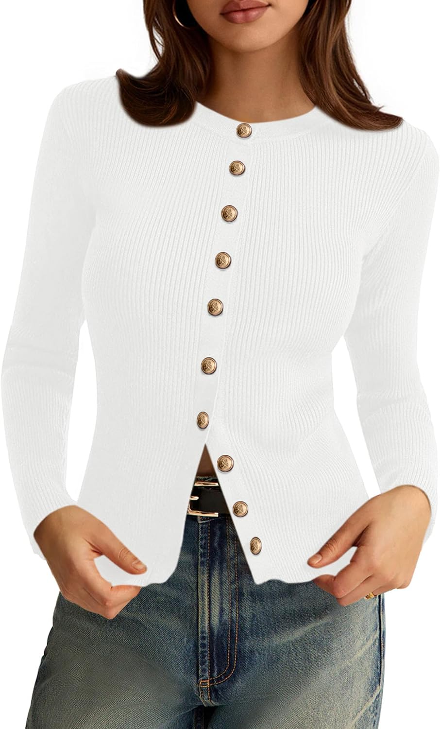 Constantina Women's Ribbed Cardigan – Crewneck, Button-Up Front & Fitted Silhouette