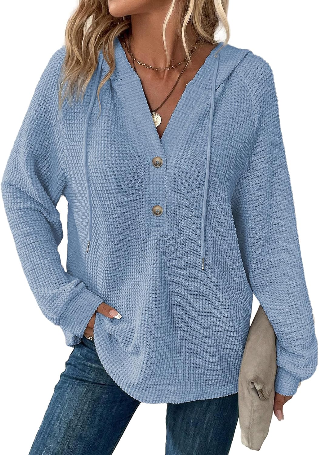 Orsolya Women's Waffle Knit Hoodie – V-Neckline, Button-Up Front & Loose Silhouette