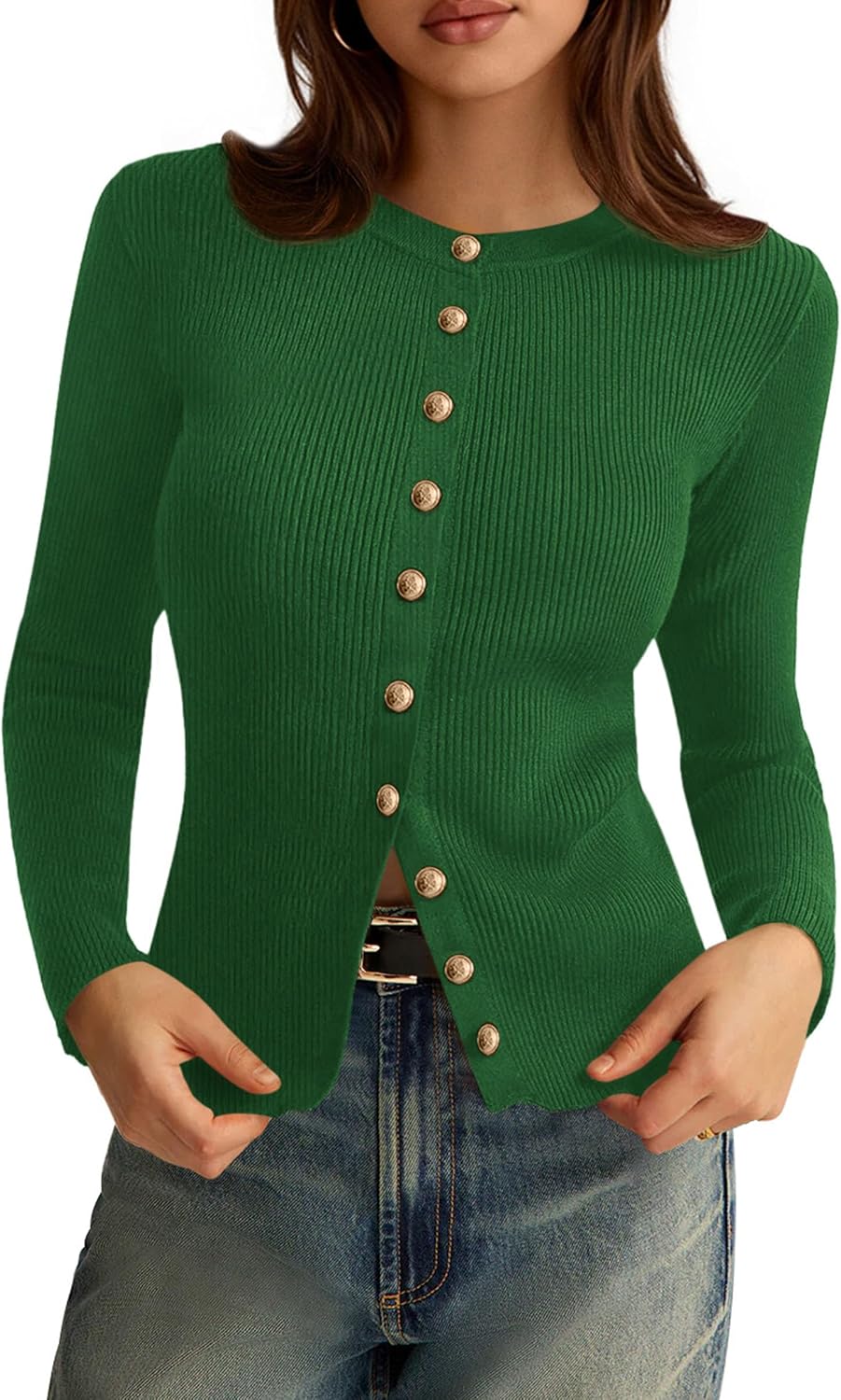 Constantina Women's Ribbed Cardigan – Crewneck, Button-Up Front & Fitted Silhouette