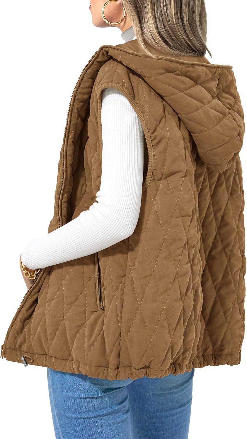 Constantina Women's With Hood Puffer Vest – Full-Length Zipper, Loose Silhouette & Handy Pockets