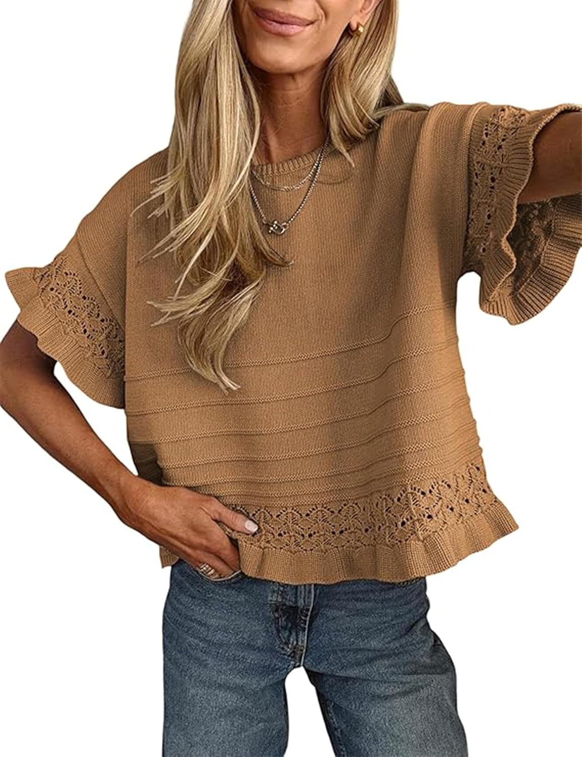 Delcine Women's Ruffle Knit Top – Round Neckline, Short-Sleeve Design & Cotton-Blend Fabric