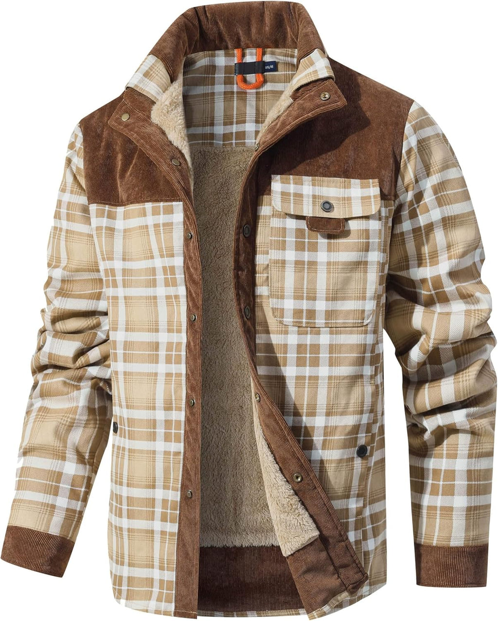 Dominic Men's Plaid Sherpa Jacket – Fleece Lined Corduroy Trim Button-Up Shacket