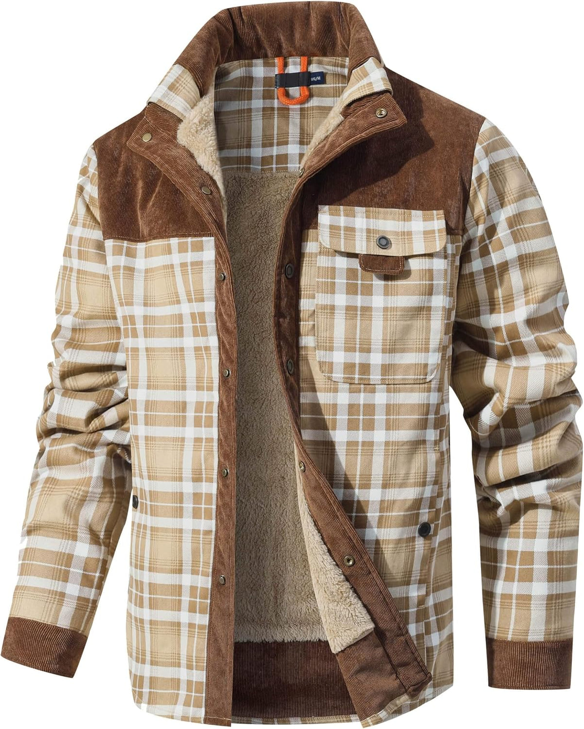 Dominic Men's Plaid Sherpa Jacket – Fleece Lined Corduroy Trim Button-Up Shacket