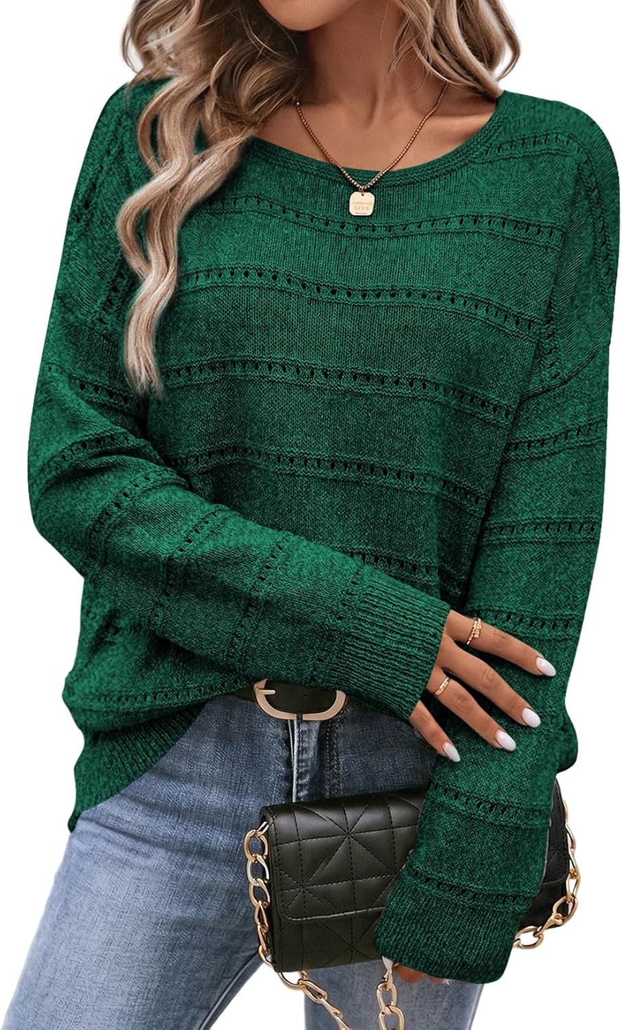 Farah Women's Hollow-Knit Sweater – Round Neckline, Dropped-Shoulder Design & Striped Texture