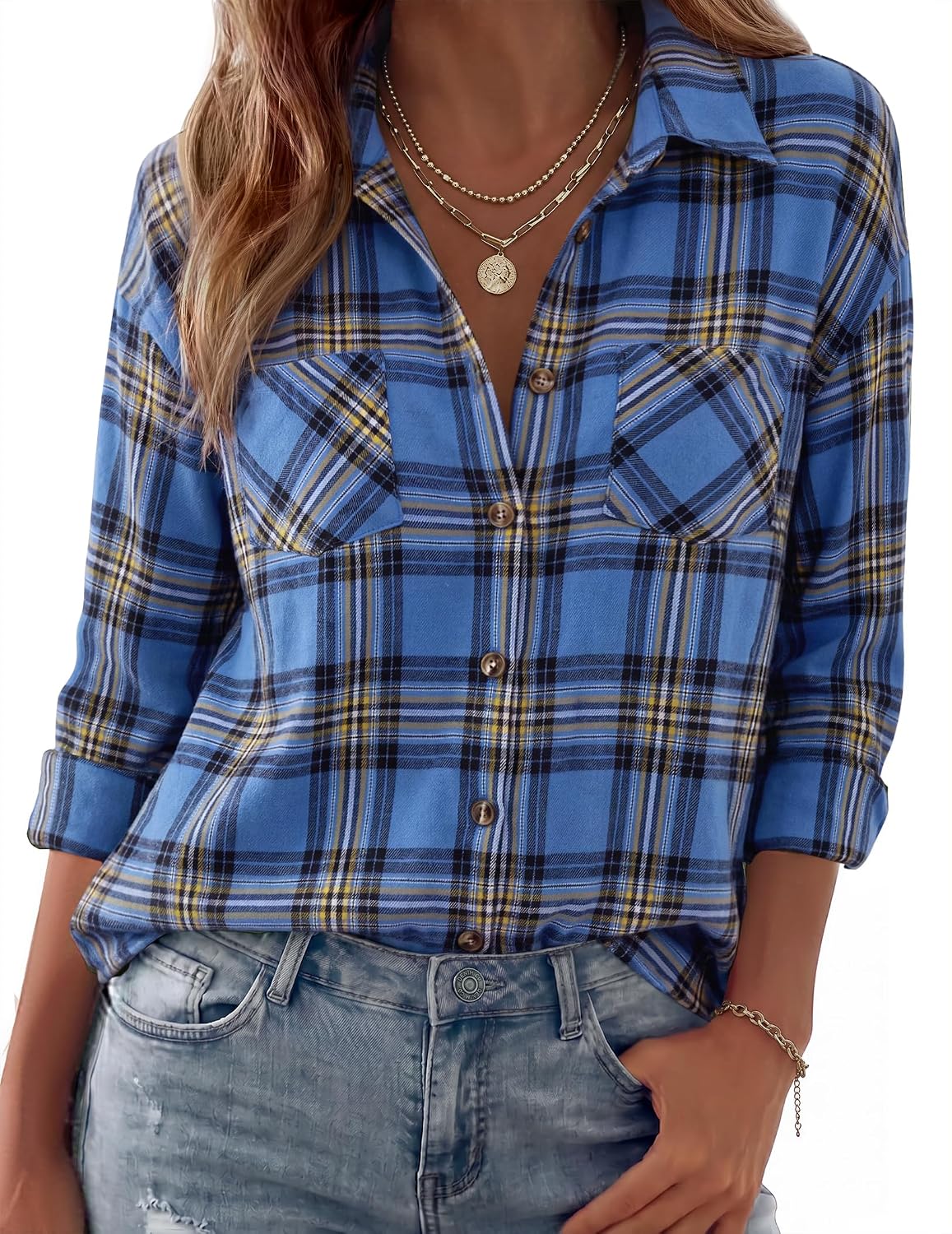 Grishilde Women's Plaid Flannel Shirt – Loose Silhouette, Front Chest Pockets & Button-Up Front