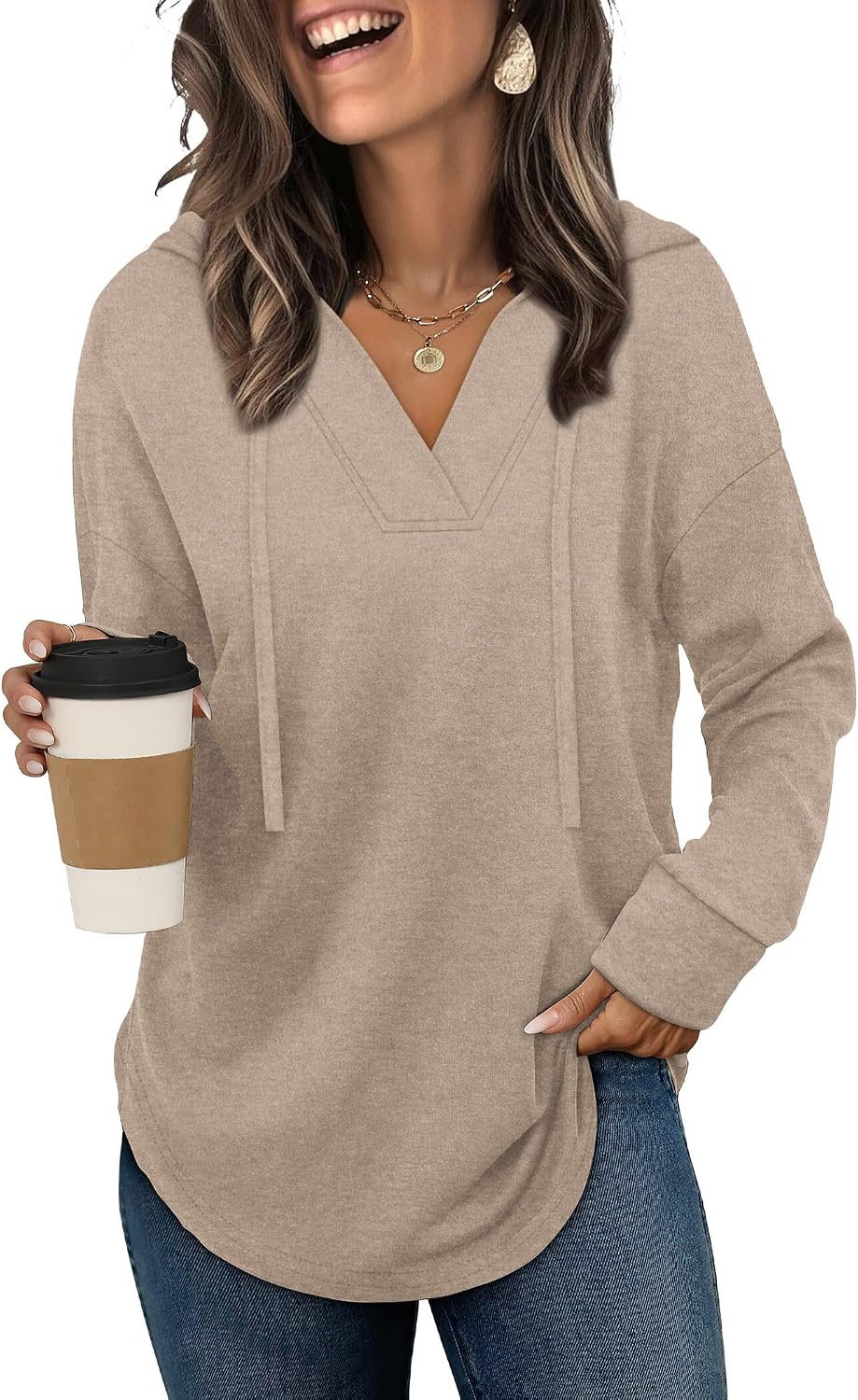 Eowyn Women's V-Neckline Hoodie – Asymmetric Hem, Full-Length Sleeves & Comfortable Fit