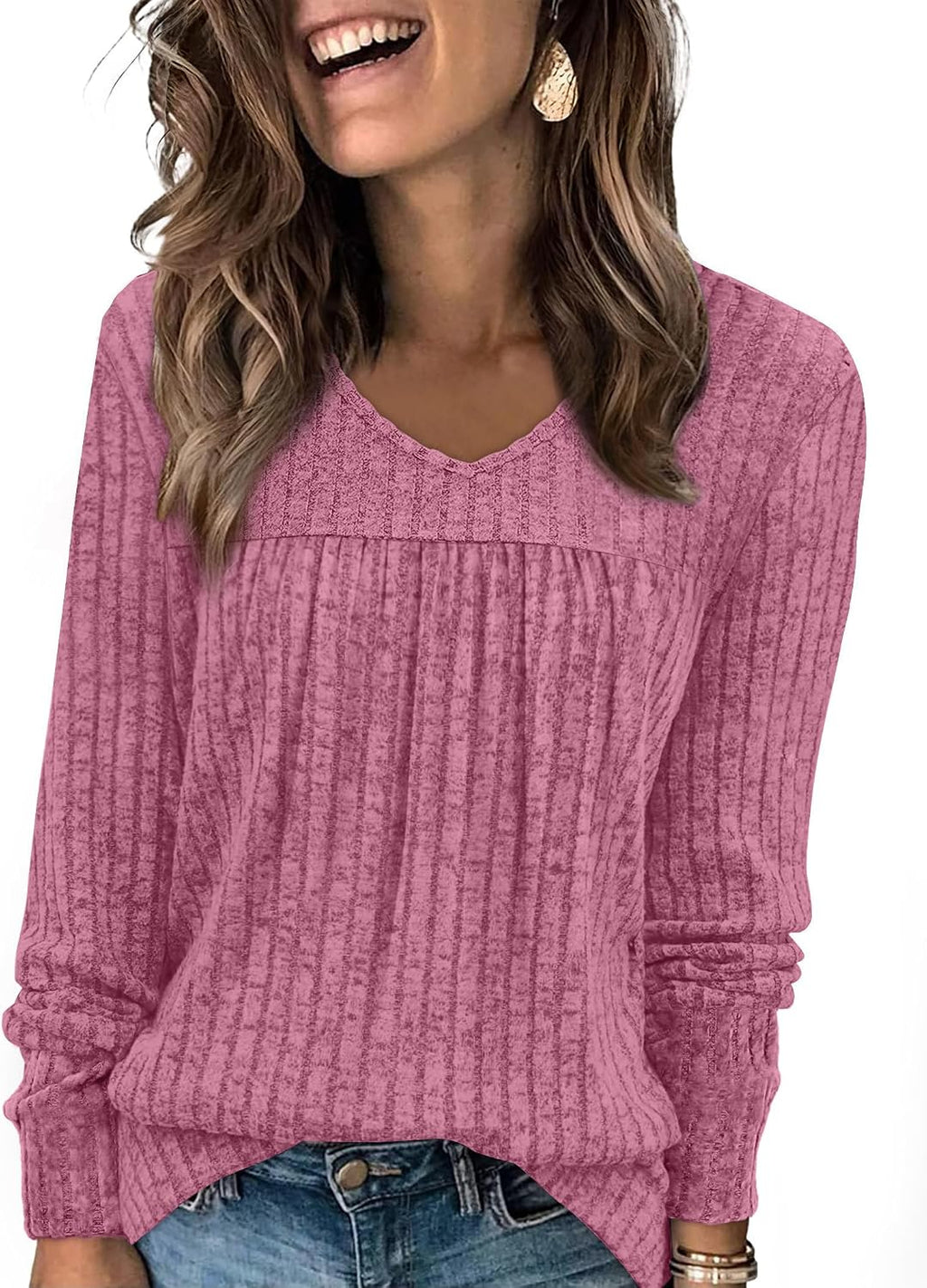 Lydia Women's Ribbed Tunic Top – V-Neck Long Sleeve Relaxed Fit Pleated Sweater
