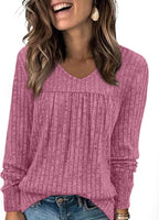 Lydia Women's Ribbed Tunic Top – V-Neck Long Sleeve Relaxed Fit Pleated Sweater