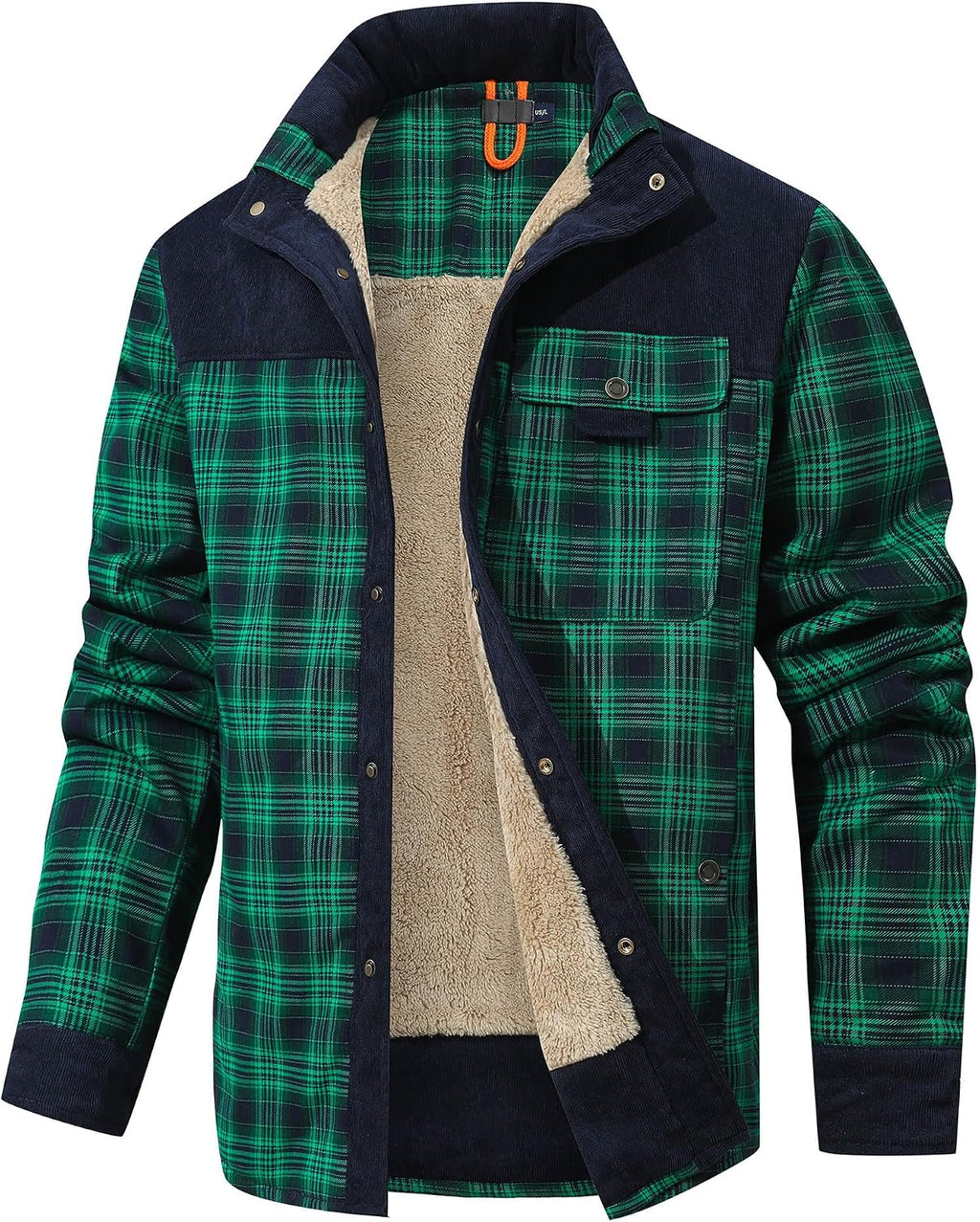 Dominic Men's Plaid Sherpa Jacket – Fleece Lined Corduroy Trim Button-Up Shacket