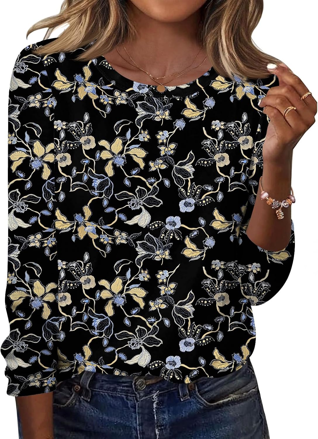 Sabelle Women's Printed Long Sleeve Top – Round Neckline, Curved Hem & Comfortable Fit
