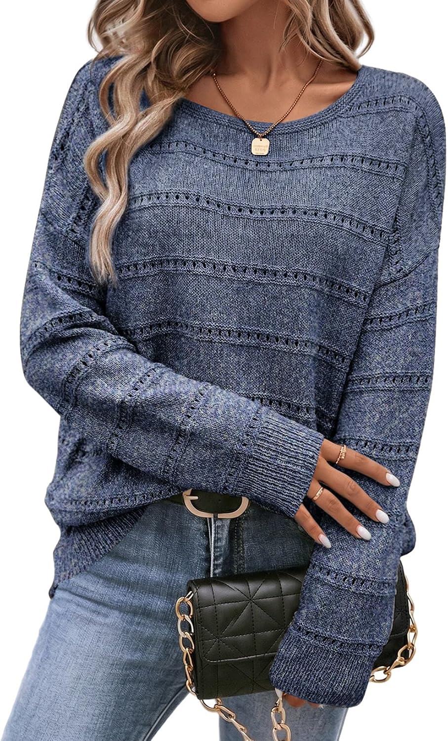 Farah Women's Hollow-Knit Sweater – Round Neckline, Dropped-Shoulder Design & Striped Texture